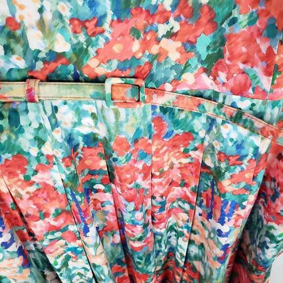 Talbots Fit & Flare Dress Orange Watercolor Sleeveless Retro Belted Size 16W - Picture 3 of 11